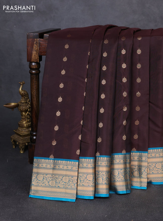 Kanchipuram silk saree coffee brown and cs blue with allover zari woven 1000 buttas and rich zari woven border