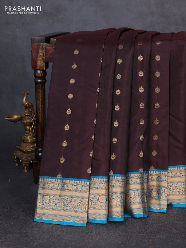 Kanchipuram silk saree coffee brown and cs blue with allover zari woven 1000 buttas and rich zari woven border