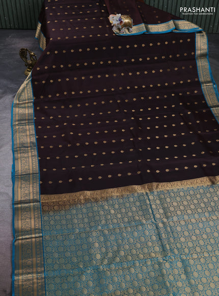 Kanchipuram silk saree coffee brown and cs blue with allover zari woven 1000 buttas and rich zari woven border