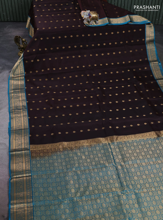 Kanchipuram silk saree coffee brown and cs blue with allover zari woven 1000 buttas and rich zari woven border