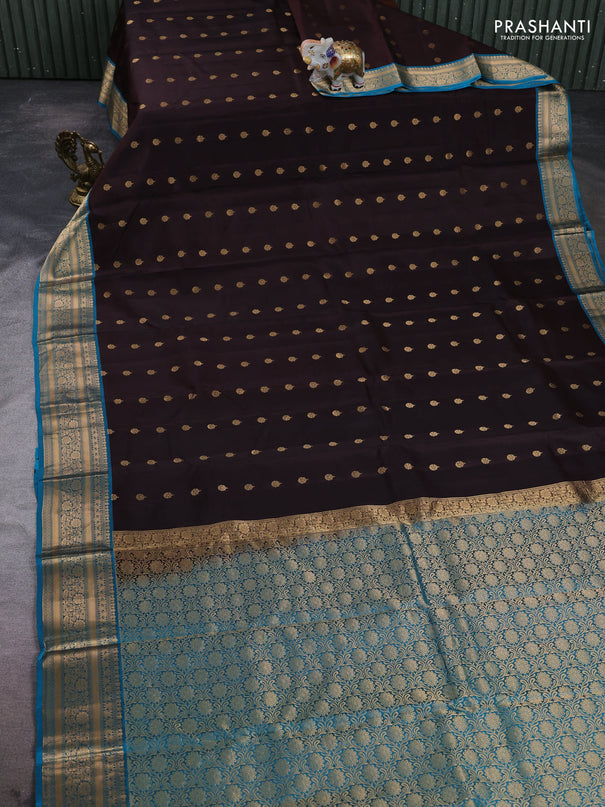 Kanchipuram silk saree coffee brown and cs blue with allover zari woven 1000 buttas and rich zari woven border