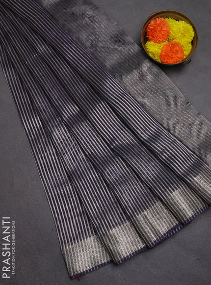 Banarasi silk cotton saree navy blue with allover zari stripe pattern and zari woven border