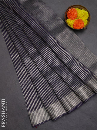 Banarasi silk cotton saree navy blue with allover zari stripe pattern and zari woven border