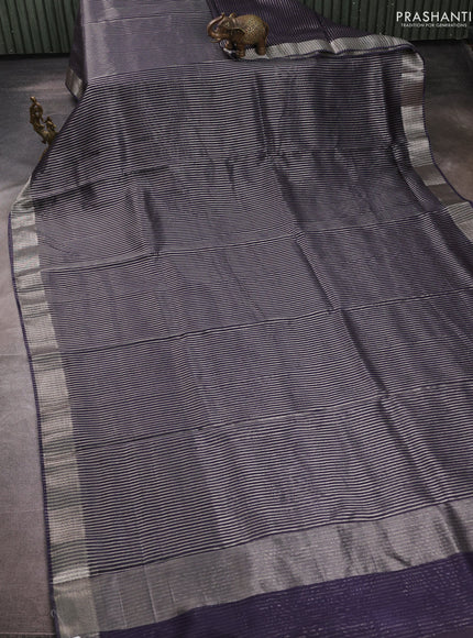 Banarasi silk cotton saree navy blue with allover zari stripe pattern and zari woven border