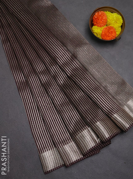 Banarasi silk cotton saree coffee brown with allover zari stripe pattern and zari woven border