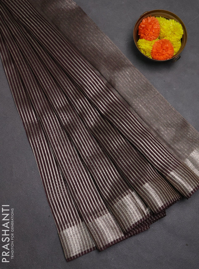 Banarasi silk cotton saree coffee brown with allover zari stripe pattern and zari woven border