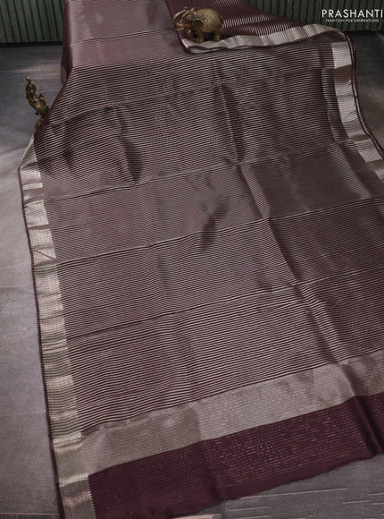 Banarasi silk cotton saree coffee brown with allover zari stripe pattern and zari woven border