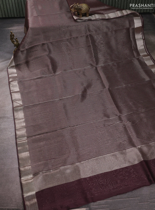 Banarasi silk cotton saree coffee brown with allover zari stripe pattern and zari woven border