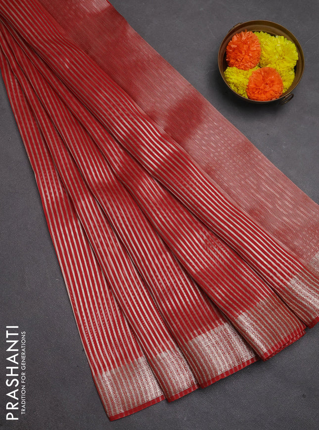 Banarasi silk cotton saree maroon with allover zari stripe pattern and zari woven border