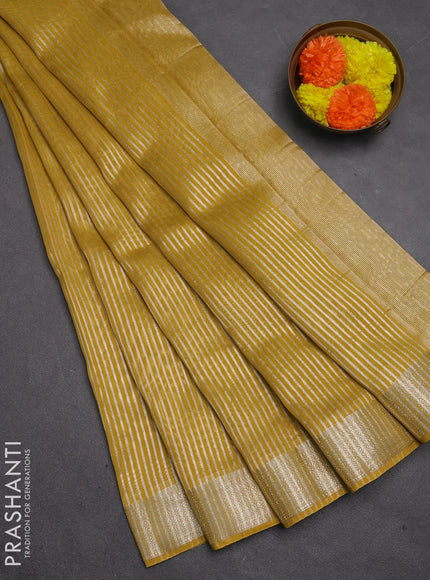 Banarasi silk cotton saree mustard yellow with allover zari stripe pattern and zari woven border