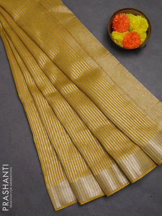Banarasi silk cotton saree mustard yellow with allover zari stripe pattern and zari woven border