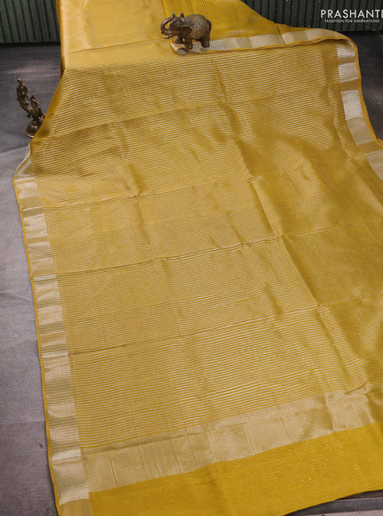 Banarasi silk cotton saree mustard yellow with allover zari stripe pattern and zari woven border