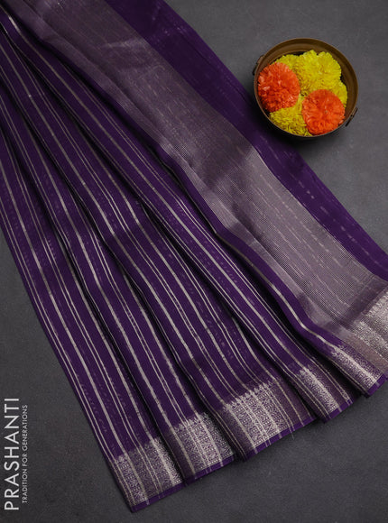 Banarasi silk cotton saree violet with allover zari stripe pattern and zari woven border