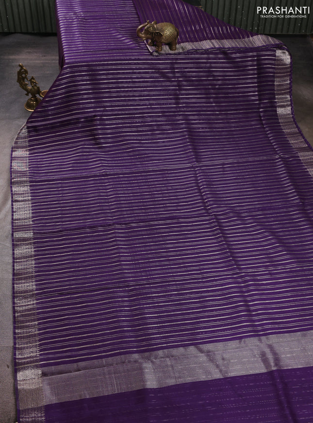 Banarasi silk cotton saree violet with allover zari stripe pattern and zari woven border