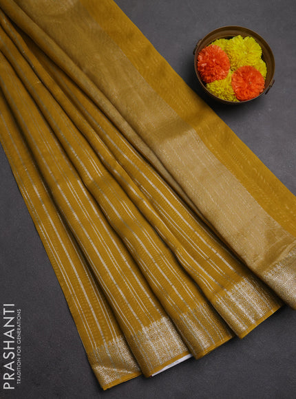 Banarasi silk cotton saree mustard yellow with allover zari stripe pattern and zari woven border