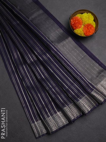 Banarasi silk cotton saree navy blue with allover zari stripe pattern and zari woven border