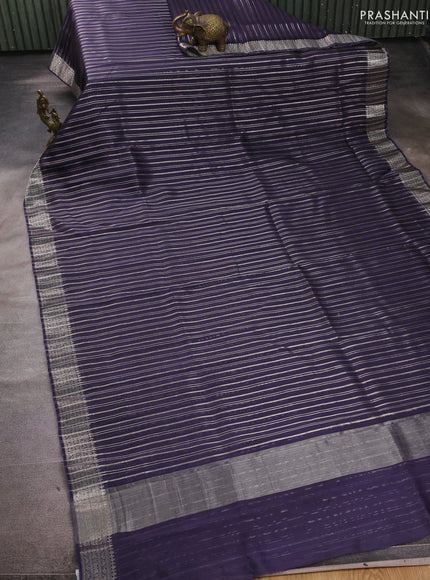 Banarasi silk cotton saree navy blue with allover zari stripe pattern and zari woven border