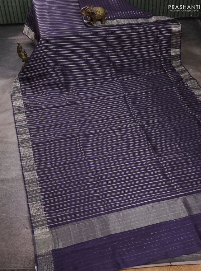 Banarasi silk cotton saree navy blue with allover zari stripe pattern and zari woven border