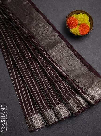 Banarasi silk cotton saree coffee brown with allover zari stripe pattern and zari woven border