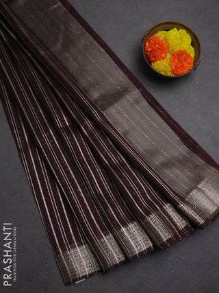 Banarasi silk cotton saree coffee brown with allover zari stripe pattern and zari woven border