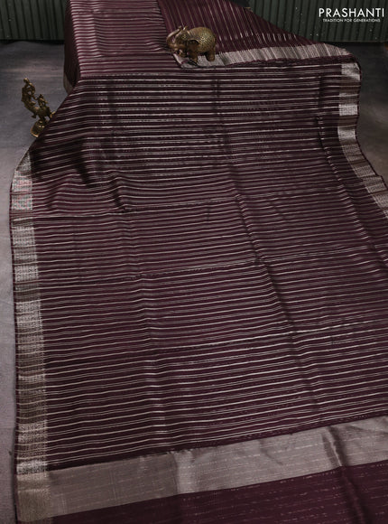 Banarasi silk cotton saree coffee brown with allover zari stripe pattern and zari woven border