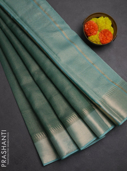 Banarasi silk cotton saree green and pastel blue with allover small zari checked pattern and zari woven border