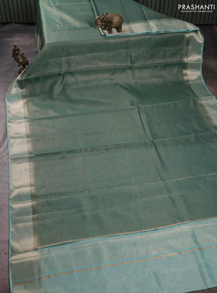 Banarasi silk cotton saree green and pastel blue with allover small zari checked pattern and zari woven border