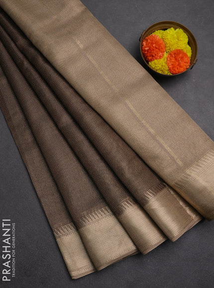 Banarasi silk cotton saree coffee brown and beige with allover small zari checked pattern and zari woven border