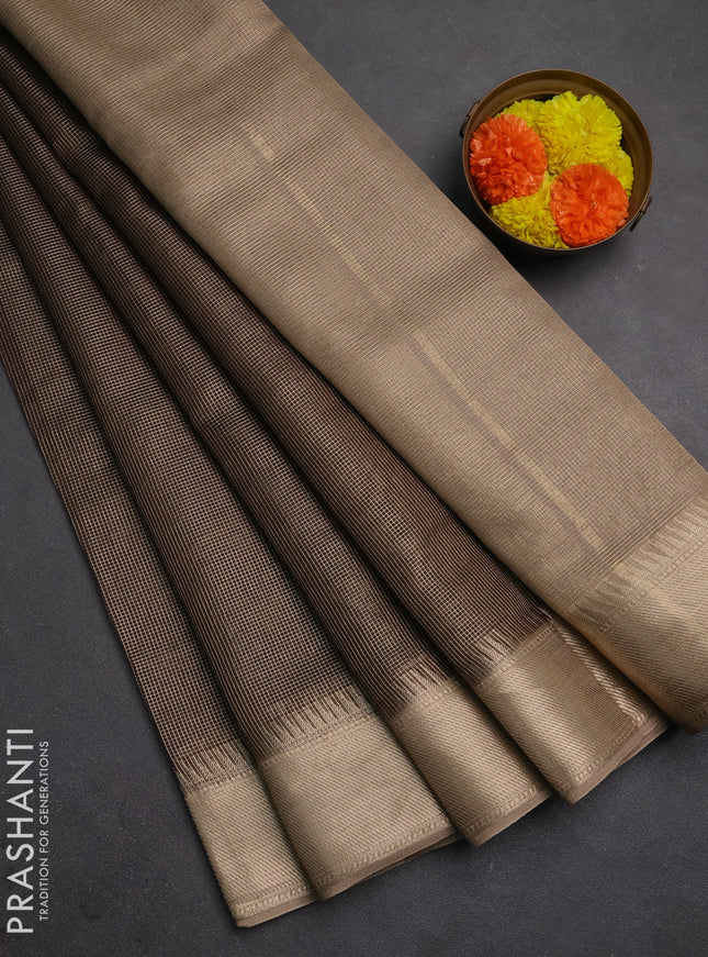Banarasi silk cotton saree coffee brown and beige with allover small zari checked pattern and zari woven border