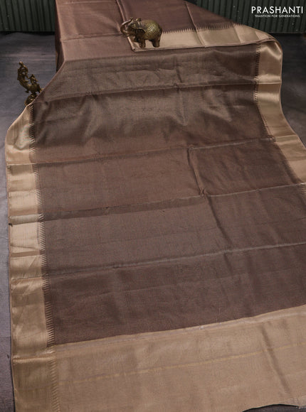 Banarasi silk cotton saree coffee brown and beige with allover small zari checked pattern and zari woven border