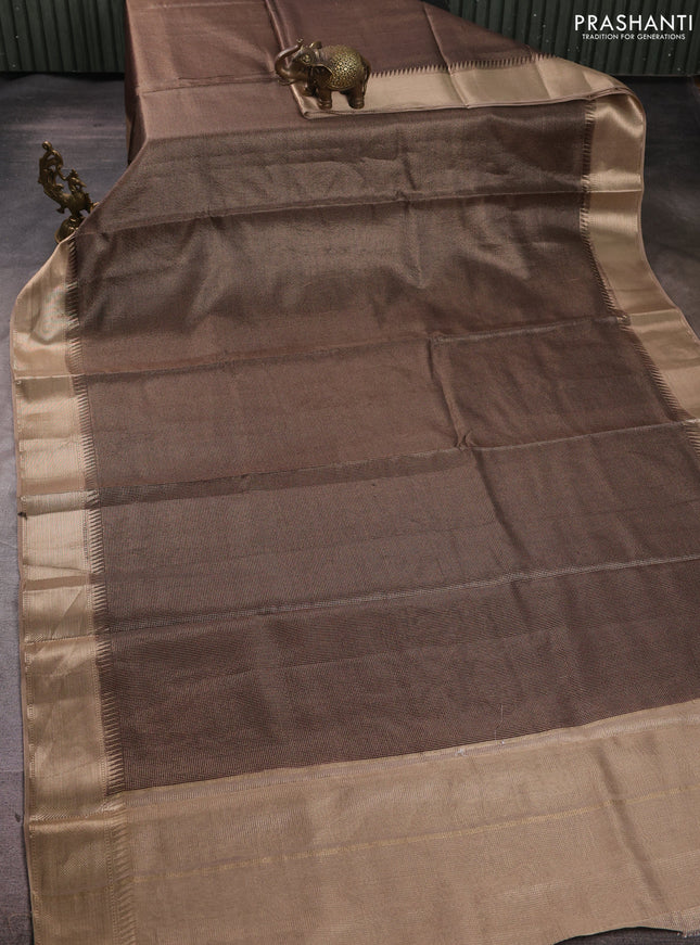 Banarasi silk cotton saree coffee brown and beige with allover small zari checked pattern and zari woven border