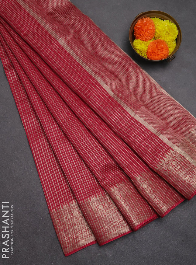 Banarasi silk cotton saree pink with allover small zari checked pattern and zari woven border