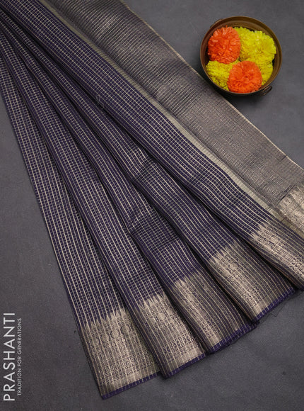 Banarasi silk cotton saree navy blue with allover small zari checked pattern and zari woven border