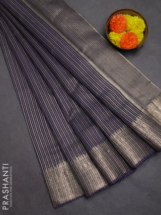 Banarasi silk cotton saree navy blue with allover small zari checked pattern and zari woven border