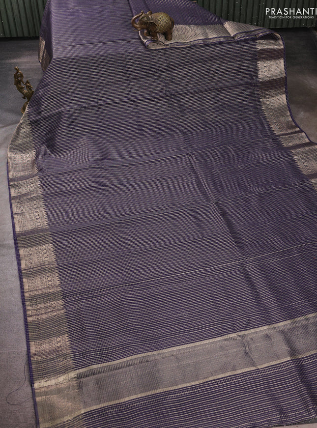 Banarasi silk cotton saree navy blue with allover small zari checked pattern and zari woven border