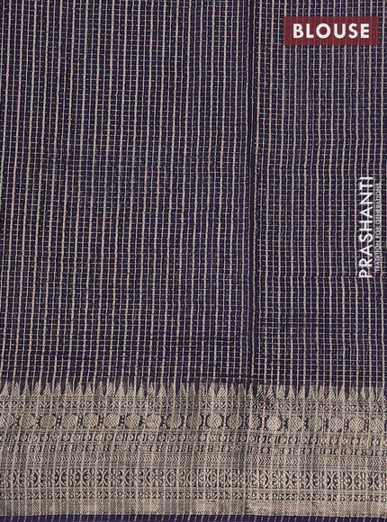 Banarasi silk cotton saree navy blue with allover small zari checked pattern and zari woven border