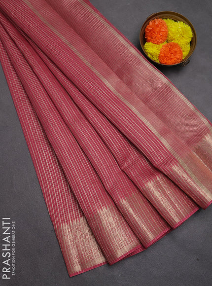 Banarasi silk cotton saree dark peach with allover small zari checked pattern and zari woven border
