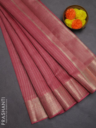 Banarasi silk cotton saree dark peach with allover small zari checked pattern and zari woven border