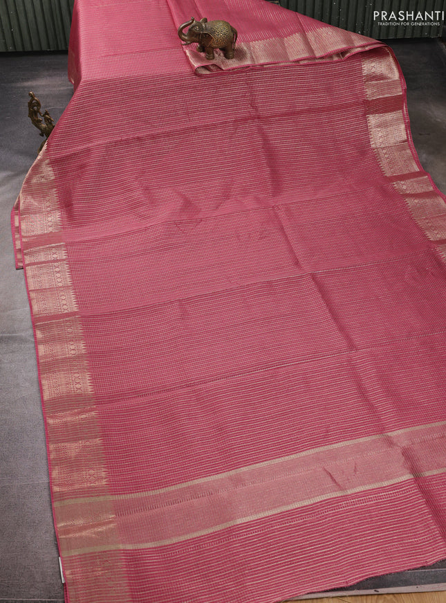 Banarasi silk cotton saree dark peach with allover small zari checked pattern and zari woven border