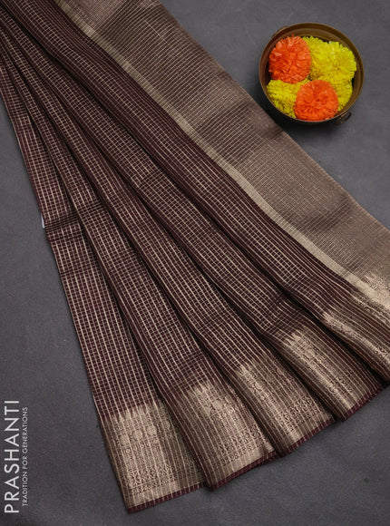 Banarasi silk cotton saree wine shade with allover small zari checked pattern and zari woven border