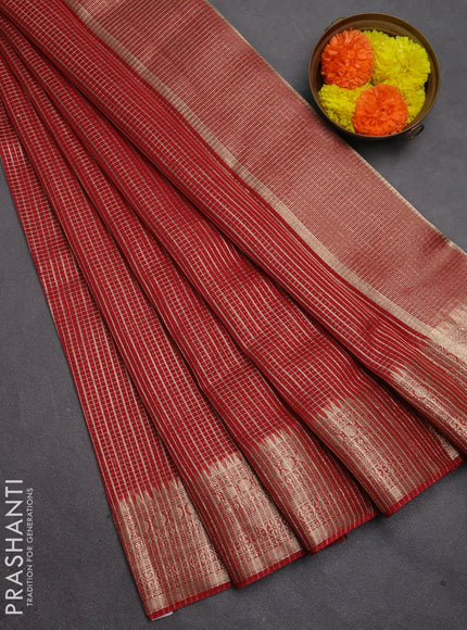 Banarasi silk cotton saree maroon with allover small zari checked pattern and zari woven border