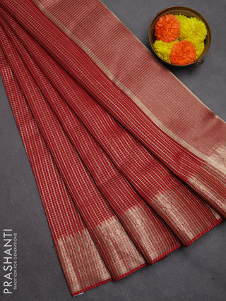 Banarasi silk cotton saree maroon with allover small zari checked pattern and zari woven border