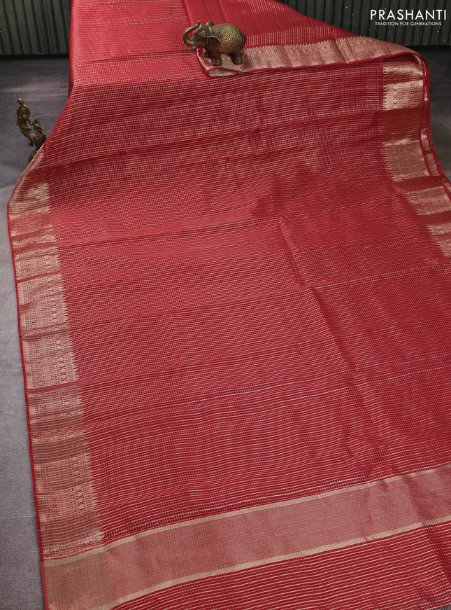 Banarasi silk cotton saree maroon with allover small zari checked pattern and zari woven border