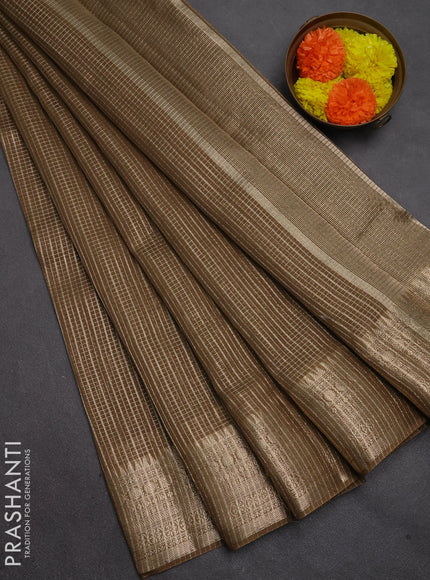 Banarasi silk cotton saree mehendi green with allover small zari checked pattern and zari woven border
