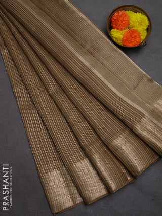 Banarasi silk cotton saree mehendi green with allover small zari checked pattern and zari woven border
