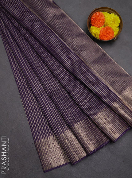 Banarasi silk cotton saree violet with allover small zari checked pattern and zari woven border