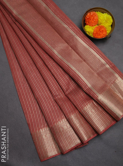 Banarasi silk cotton saree dark peach with allover small zari checked pattern and zari woven border