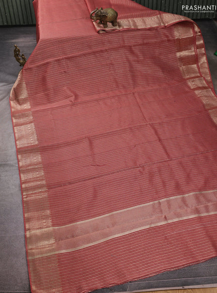 Banarasi silk cotton saree dark peach with allover small zari checked pattern and zari woven border