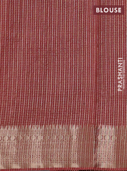 Banarasi silk cotton saree dark peach with allover small zari checked pattern and zari woven border