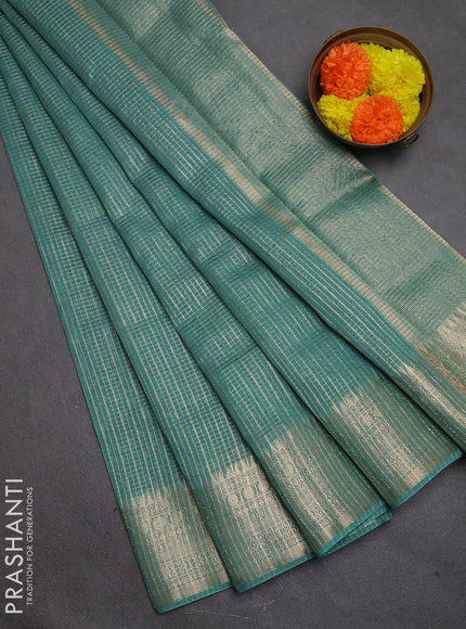Banarasi silk cotton saree teal green shade with allover small zari checked pattern and zari woven border